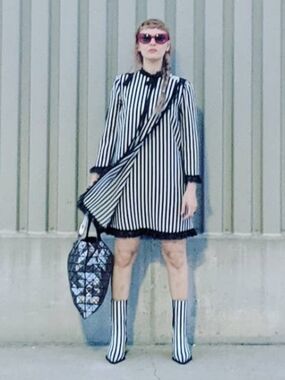 Marc Jacobs Black and White Striped Long-Sleeve Shift Dress